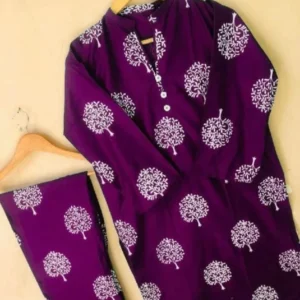 New Leaf Print 2-Piece Stitched Linen Suit for Women – Stylish & Comfortable Dress for Girls
