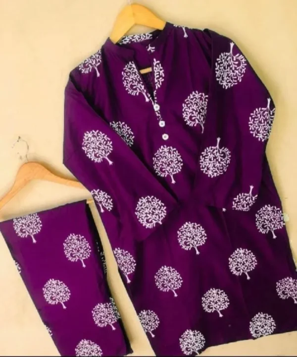 New Leaf Print 2-Piece Stitched Linen Suit for Women – Stylish & Comfortable Dress for Girls